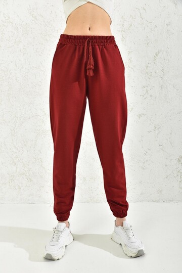 Claret Red Pocket Detailed Elastic Tasseled Sweatpants