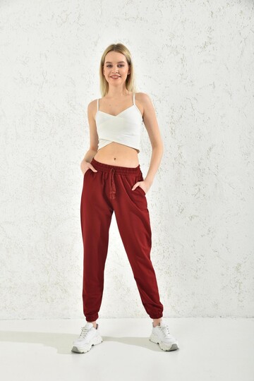 Claret Red Pocket Detailed Elastic Tasseled Sweatpants