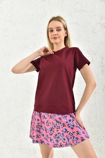 Burgundy Floral Patterned Sweat Dress