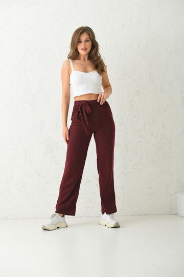 Claret Red Elastic and Tie Detail Knitted Knitted Sports Trousers