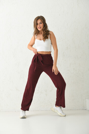 Claret Red Elastic and Tie Detail Knitted Knitted Sports Trousers