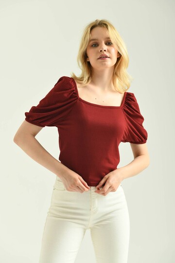 Claret Red Front Back Square Neck Balloon Sleeve Camisole Blouse