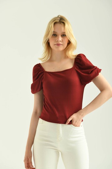 Claret Red Front Back Square Neck Balloon Sleeve Camisole Blouse