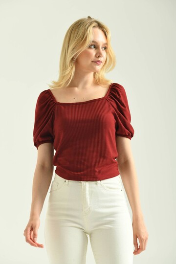 Claret Red Front Back Square Neck Balloon Sleeve Camisole Blouse
