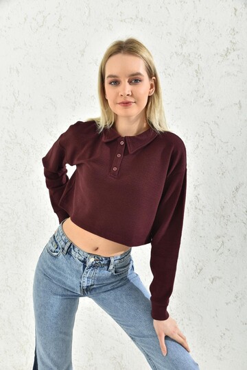 Bordo Polo Yaka Crop Bluz