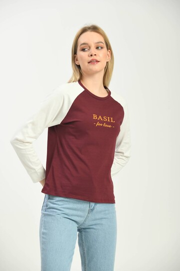 Bordo Renk Bloklu Basic Baskılı Uzun Kol Örme T-Shirt