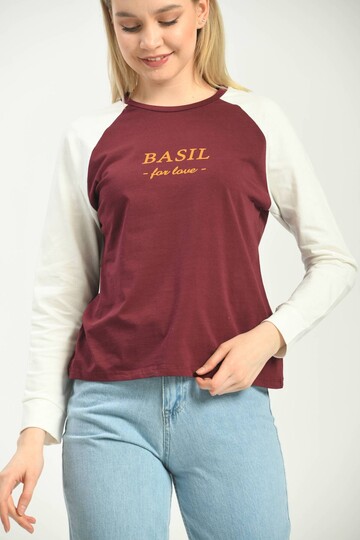 Bordo Renk Bloklu Basic Baskılı Uzun Kol Örme T-Shirt