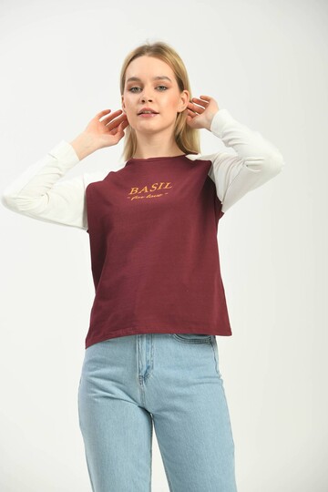 Bordo Renk Bloklu Basic Baskılı Uzun Kol Örme T-Shirt