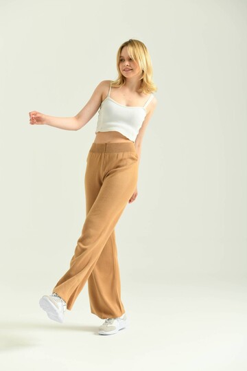 Camel Beli Lastikli Düz Paça Spor Pantolon