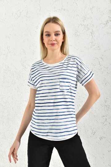 Ecru Printed T-Shirt with Pockets and Short Sleeves