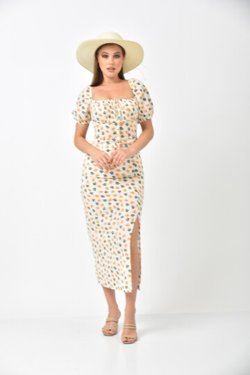Ecru Square Neck Slit Detail Floral Pattern Dress
