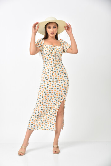 Ecru Square Neck Slit Detail Floral Pattern Dress