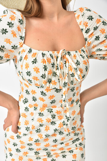 Ecru Square Neck Slit Detail Floral Pattern Dress