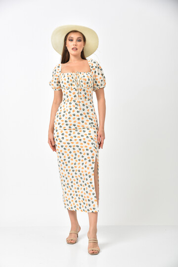 Ecru Square Neck Slit Detail Floral Pattern Dress
