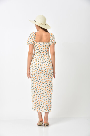 Ecru Square Neck Slit Detail Floral Pattern Dress