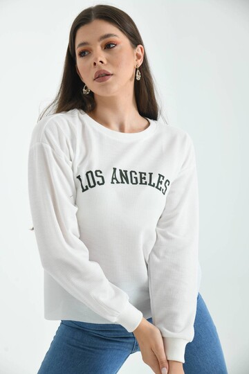 Ekru Los Angeles Baskılı Loose Waffle Örme Sweatshirt