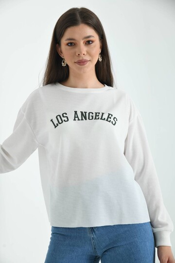 Ekru Los Angeles Baskılı Loose Waffle Örme Sweatshirt