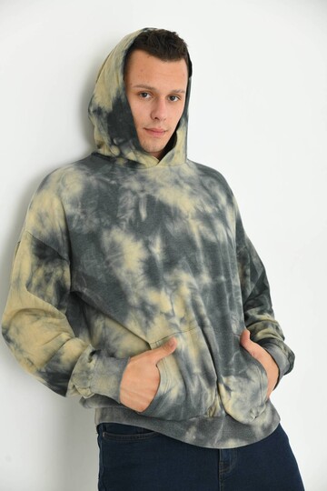 Men Anthracite Tie-Dye Pattern Hooded Acid Washed Pocket Detail Sweatshirt