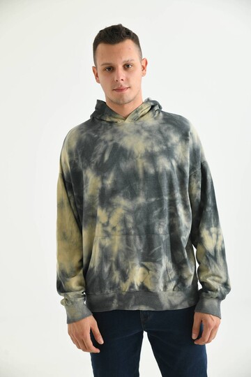 Men Anthracite Tie-Dye Pattern Hooded Acid Washed Pocket Detail Sweatshirt