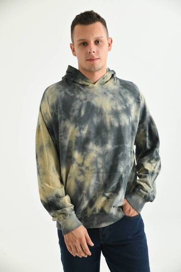Men Anthracite Tie-Dye Pattern Hooded Acid Washed Pocket Detail Sweatshirt