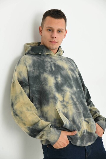 Men Anthracite Tie-Dye Pattern Hooded Acid Washed Pocket Detail Sweatshirt