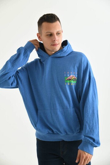 Erkek Mavi Oversize Kapüşonlu Sırt Baskılı Yıkamalı Sweatshirt