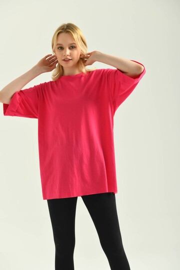 Fuşya Duble Kol Geniş Kesim Asimetrik Yırtmaçlı Örme T-Shirt