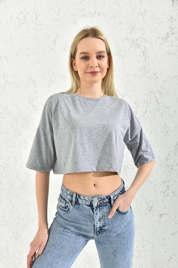 Gri Bisiklet Yaka Crop Bluz