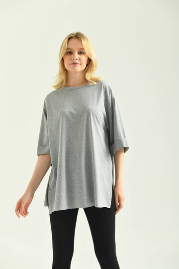 Gray Double Sleeve Wide Cut Asymmetrical Slit Knitted T-Shirt