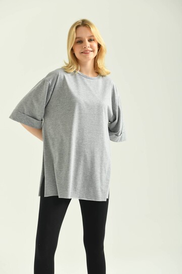 Gray Double Sleeve Wide Cut Asymmetrical Slit Knitted T-Shirt