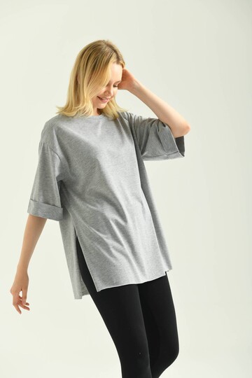 Gray Double Sleeve Wide Cut Asymmetrical Slit Knitted T-Shirt