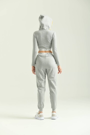 Gray Chest Detailed Hoodie Tracksuit Set
