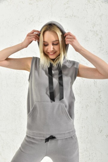 Gray Hooded Pocket Detail Sleeveless Vest
