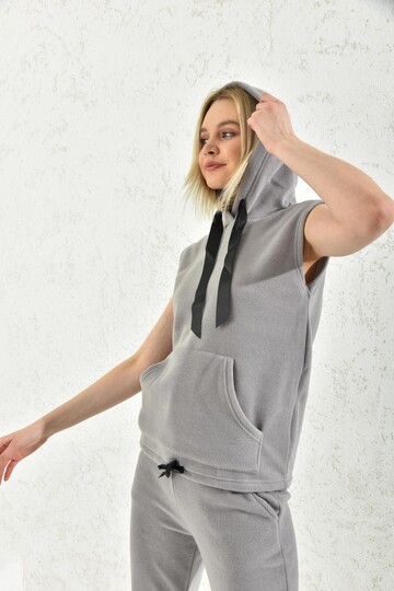 Gray Hooded Kangaroo Pocket Detailed Sleeveless Vest Set