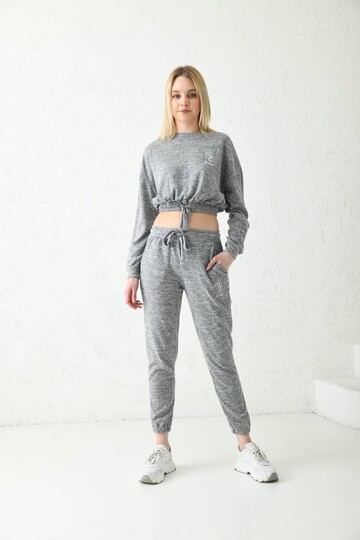 Gray Embroidery Detailed Tied Elastic Pocket Bottom-Top Set