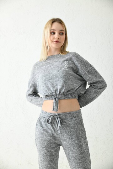 Gray Embroidery Detailed Tied Elastic Pocket Bottom-Top Set