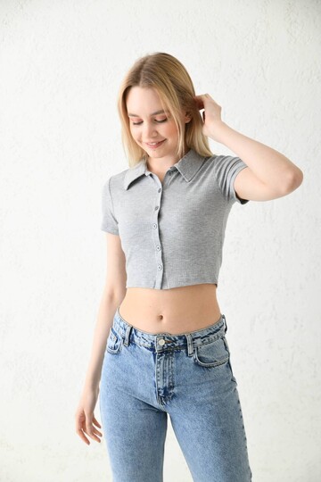 Gri Polo Yaka Fitilli Örme Crop Bluz