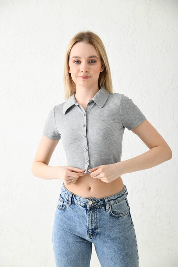 Gri Polo Yaka Fitilli Örme Crop Bluz