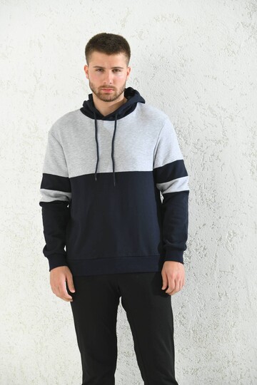 Gray Regular Fit Hooded Long Sleeve Color Block Sweatshirt