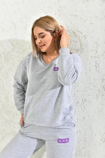 Gray V-Neck Print Detailed Tracksuit Set