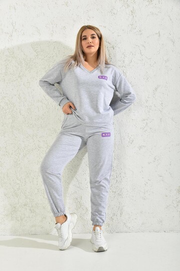 Gray V-Neck Print Detailed Tracksuit Set