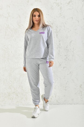 Gray V-Neck Print Detailed Tracksuit Set