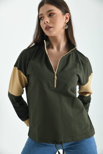 Haki Fermuarlı Basic Örme Renk Bloklu İnce Sweatshirt 