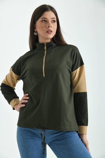 Haki Fermuarlı Basic Örme Renk Bloklu İnce Sweatshirt 