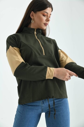 Haki Fermuarlı Basic Örme Renk Bloklu İnce Sweatshirt 