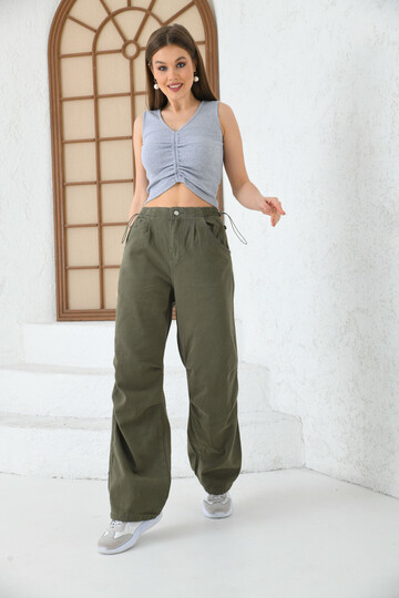Woman Khaki High Waist Elastic and Pocket Detailed Cargo Pants