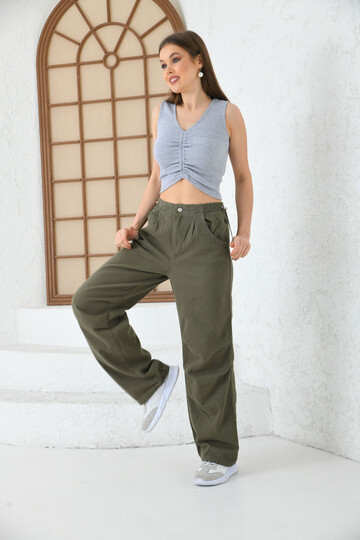 Woman Khaki High Waist Elastic and Pocket Detailed Cargo Pants