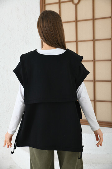  Woman Black V-Neck Side Tie Poncho Sweater