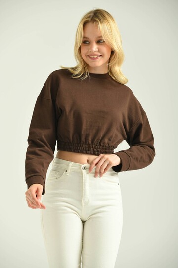 Brown Crew Neck Elastic Detailed Crop Sweatshirt