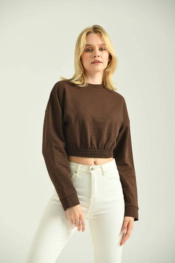 Brown Crew Neck Elastic Detailed Crop Sweatshirt